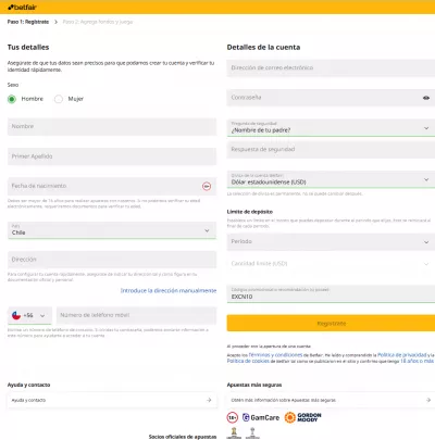 Betfair Latam - Formulario de Registro